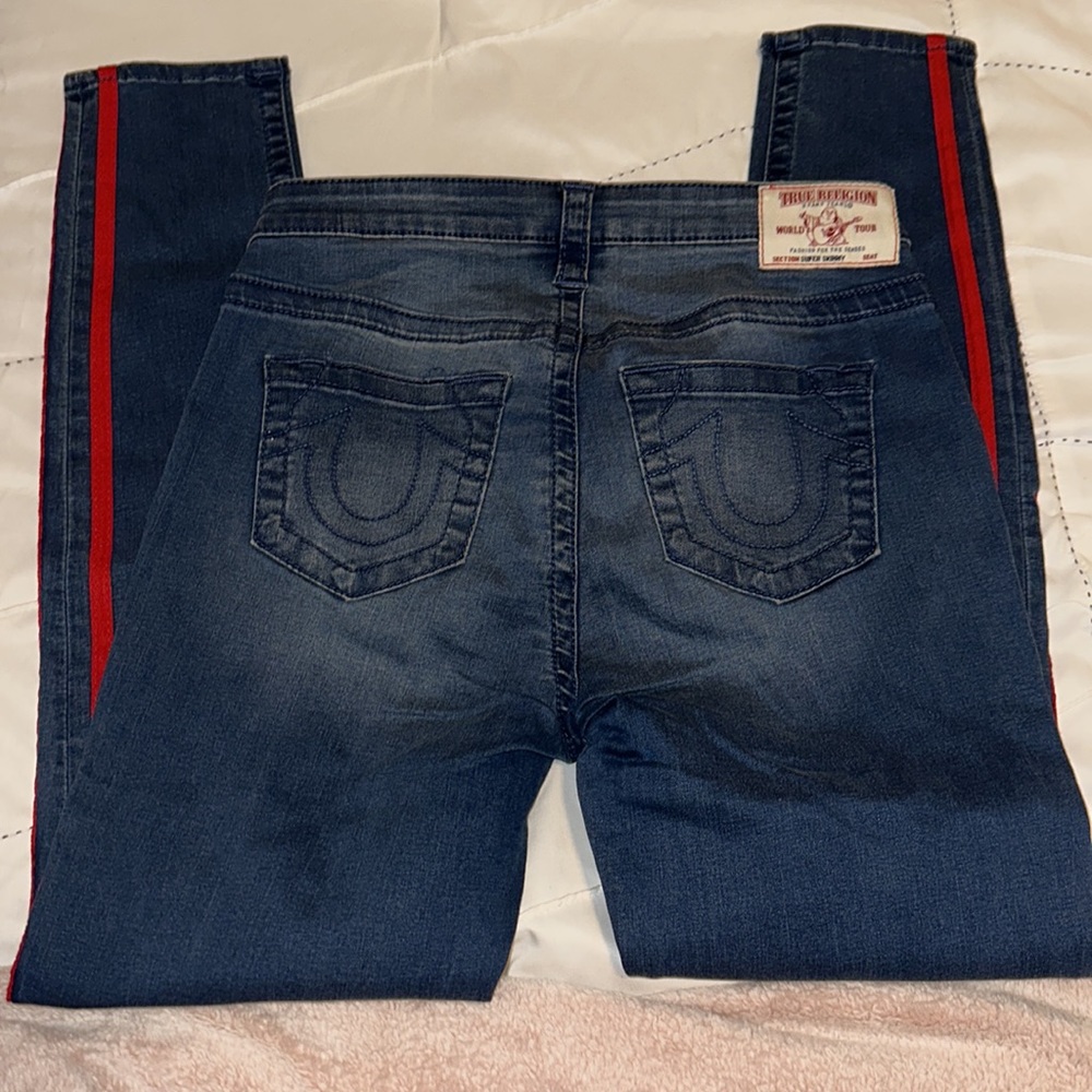Slim red striped true religion jeans